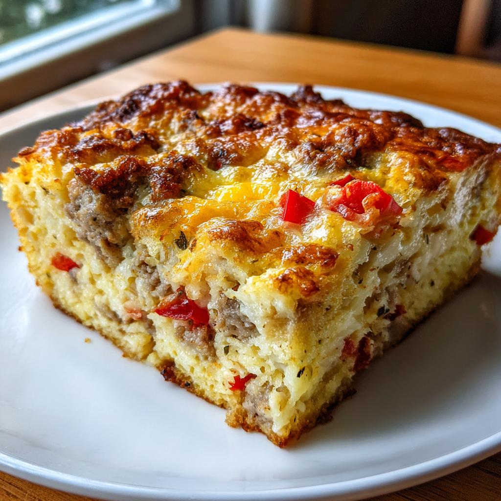 A slice of Quick Breakfast Casserole in a 9x13 Pan, featuring sausage, red peppers, and melted cheese.