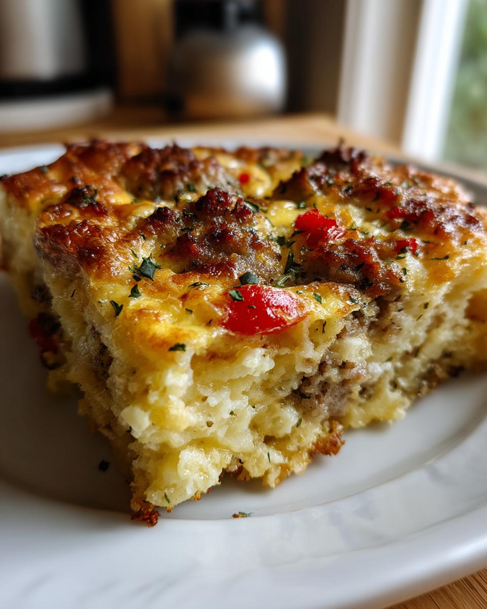 A slice of Quick Breakfast Casserole in a 9x13 Pan, featuring sausage, eggs, and cheese.