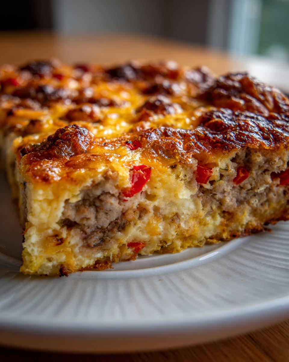 A slice of Quick Breakfast Casserole in a 9x13 Pan, featuring sausage, cheese, and red peppers.
