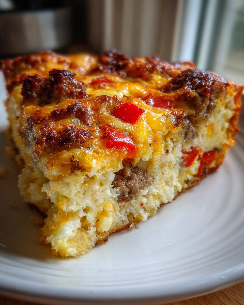 A close-up of a hearty slice of Quick Breakfast Casserole in a 9x13 Pan, featuring eggs, sausage, cheese, and red peppers.