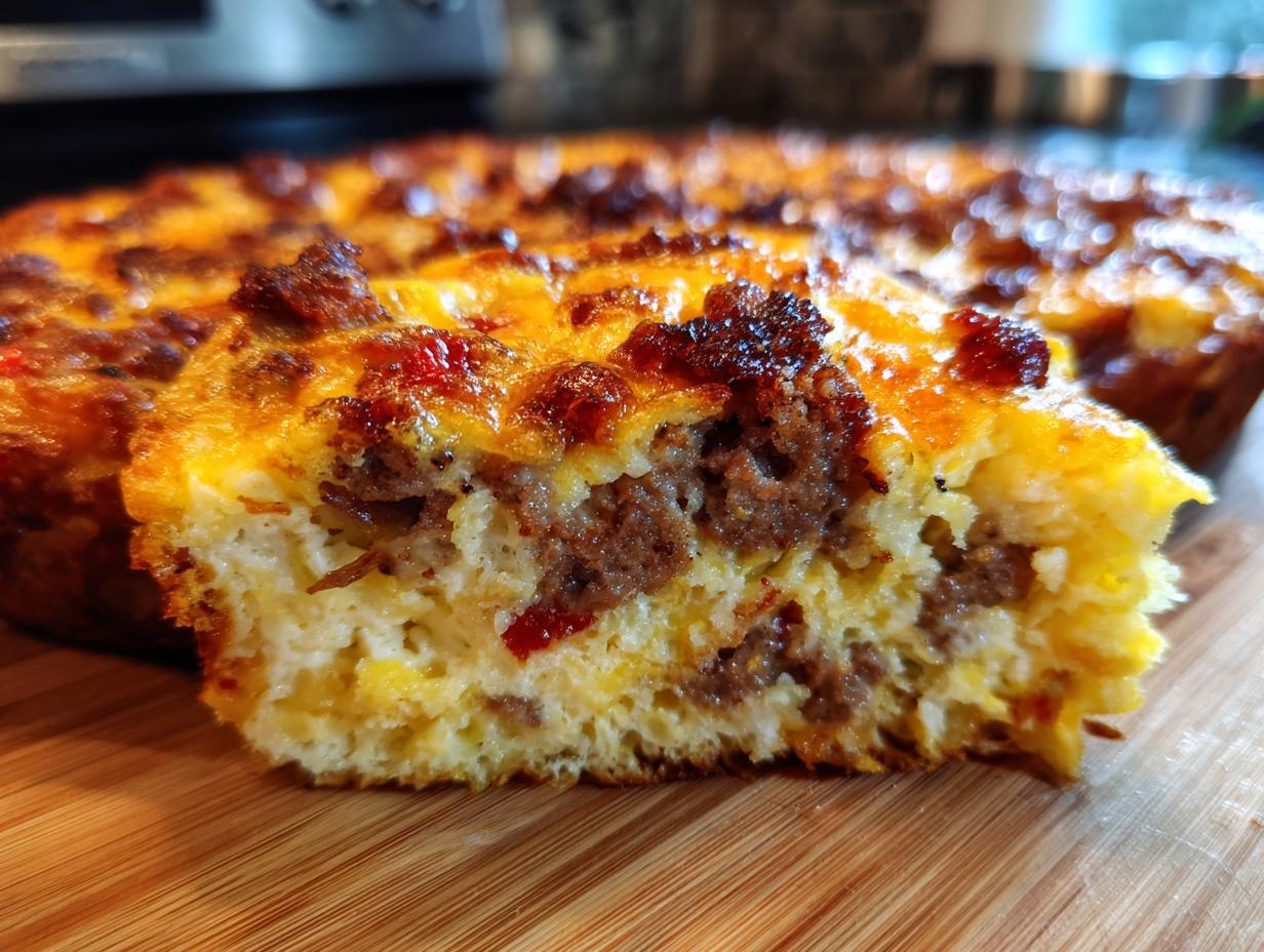 A slice of Quick Breakfast Casserole in a 9x13 Pan, showing layers of sausage, eggs, and cheese.