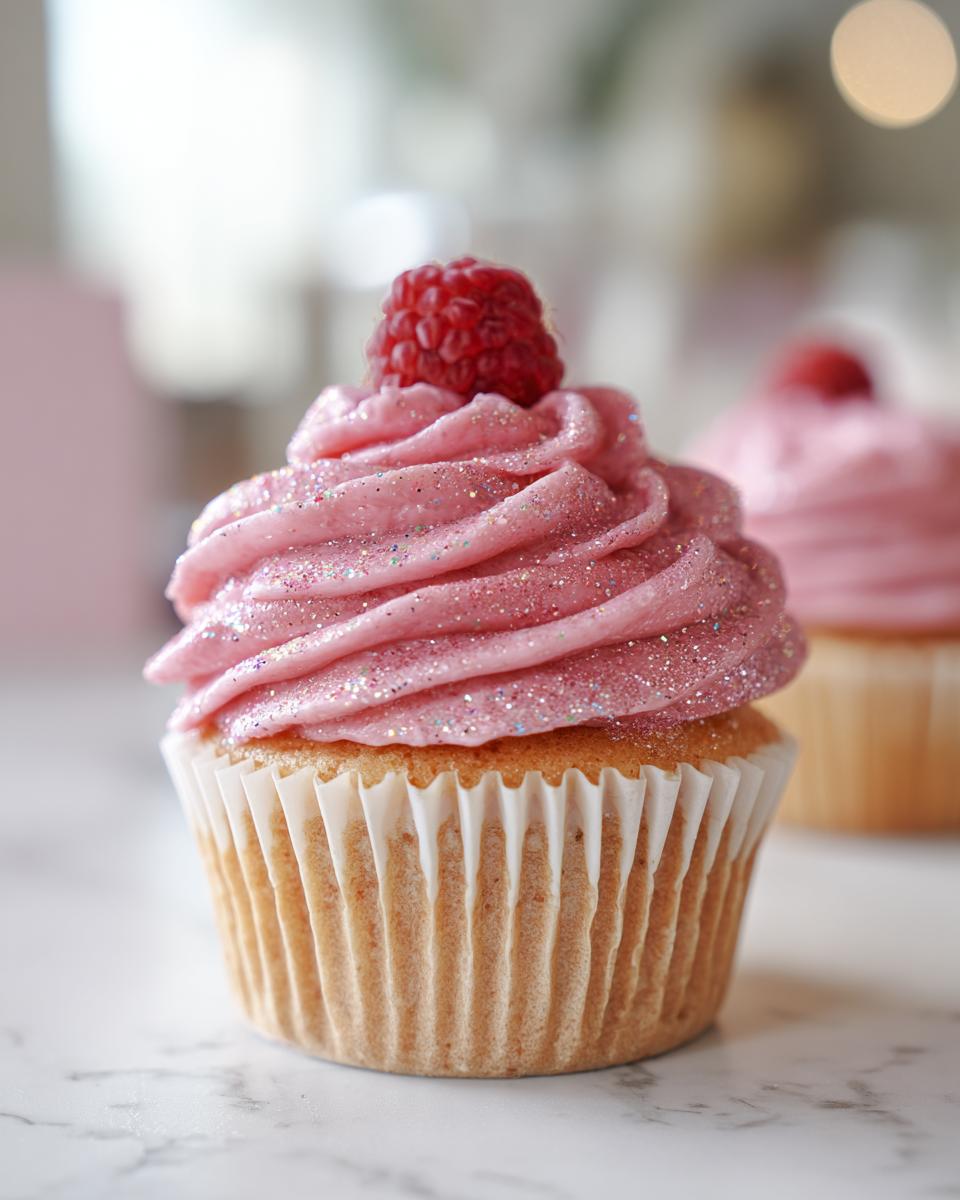 A close-up of a Raspberry Champagne Cupcake with pink frosting and edible glitter, topped with a fresh raspberry.