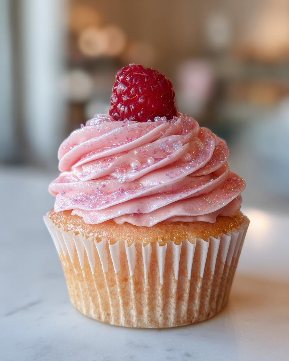 A single Raspberry Champagne Cupcake topped with pink frosting, edible glitter, and a fresh raspberry.