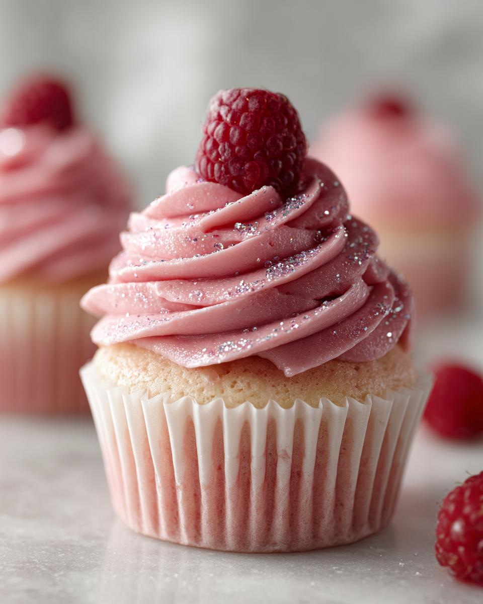 A close-up of a Raspberry Champagne Cupcake topped with pink frosting, a fresh raspberry, and edible glitter.