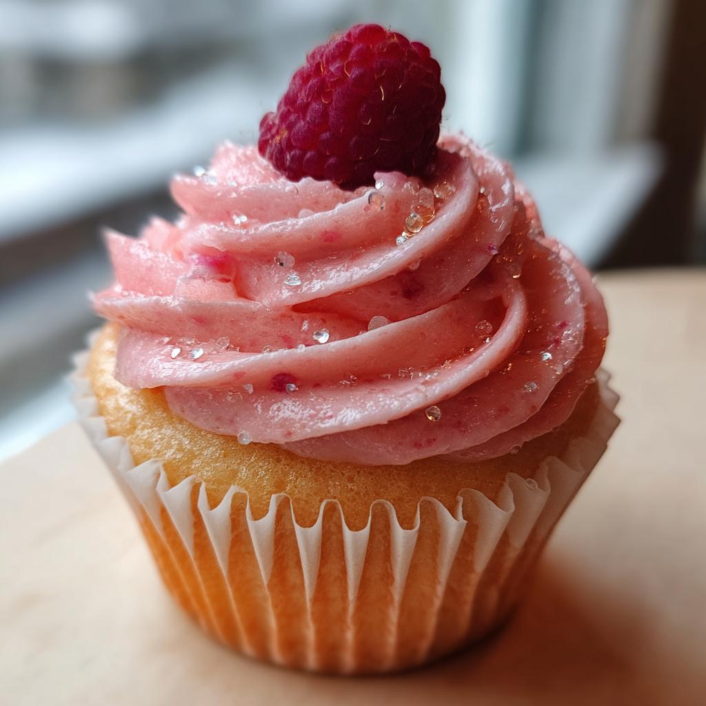A single Raspberry Champagne Cupcake topped with pink frosting and a fresh raspberry garnish.