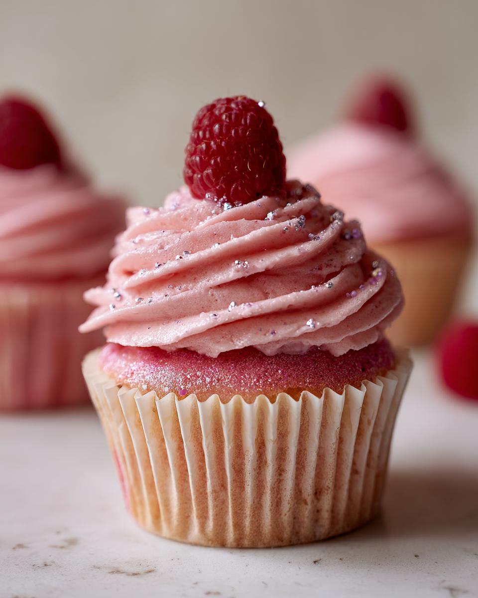 Close-up of a Raspberry Champagne Cupcake with pink frosting, a fresh raspberry on top, and edible glitter.