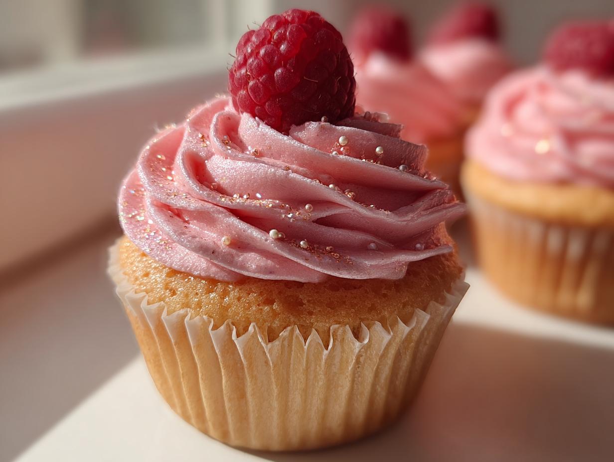 Close-up of a Raspberry Champagne Cupcake topped with pink frosting and a fresh raspberry.