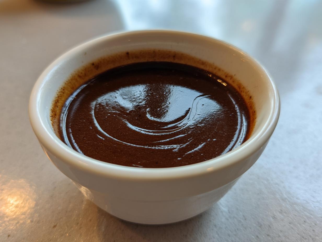 Close-up of a small white bowl filled with rich and flavorful beef au jus.