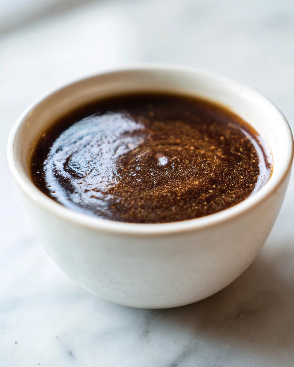 A close-up of a small white bowl filled with rich and flavorful beef au jus.