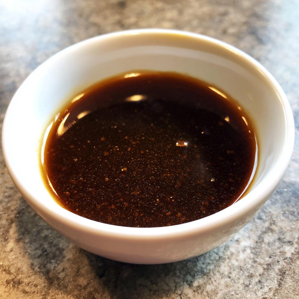 A close-up of a white ramekin filled with rich and flavorful beef au jus.