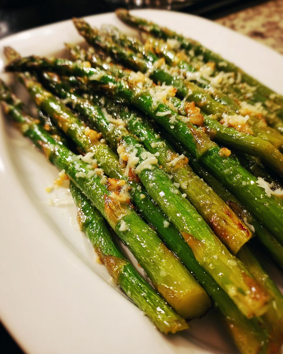 Close-up of perfectly Roasted Asparagus with Parmesan cheese sprinkled on top.