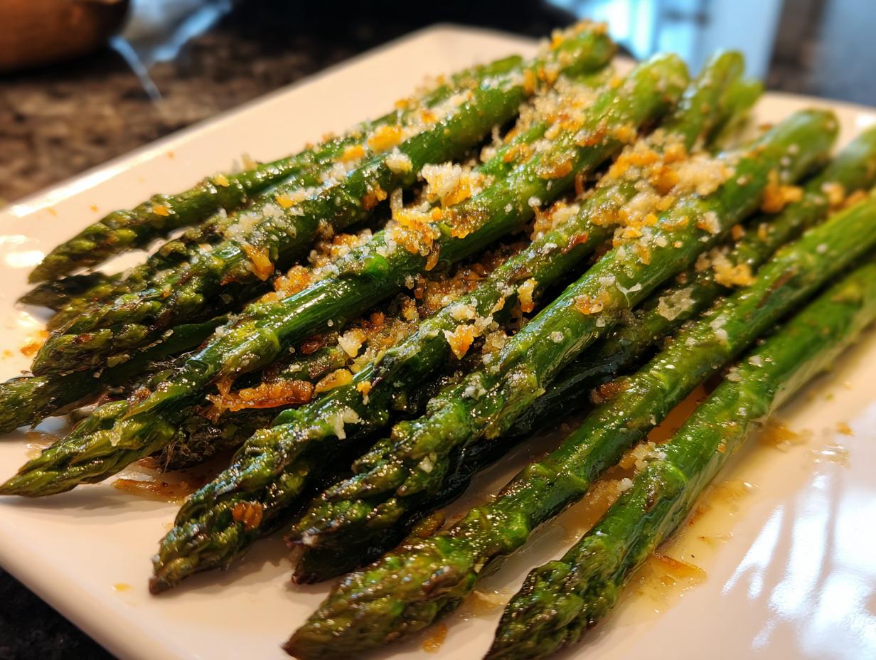A close-up shot of perfectly Roasted Asparagus with Parmesan, glistening and ready to serve.