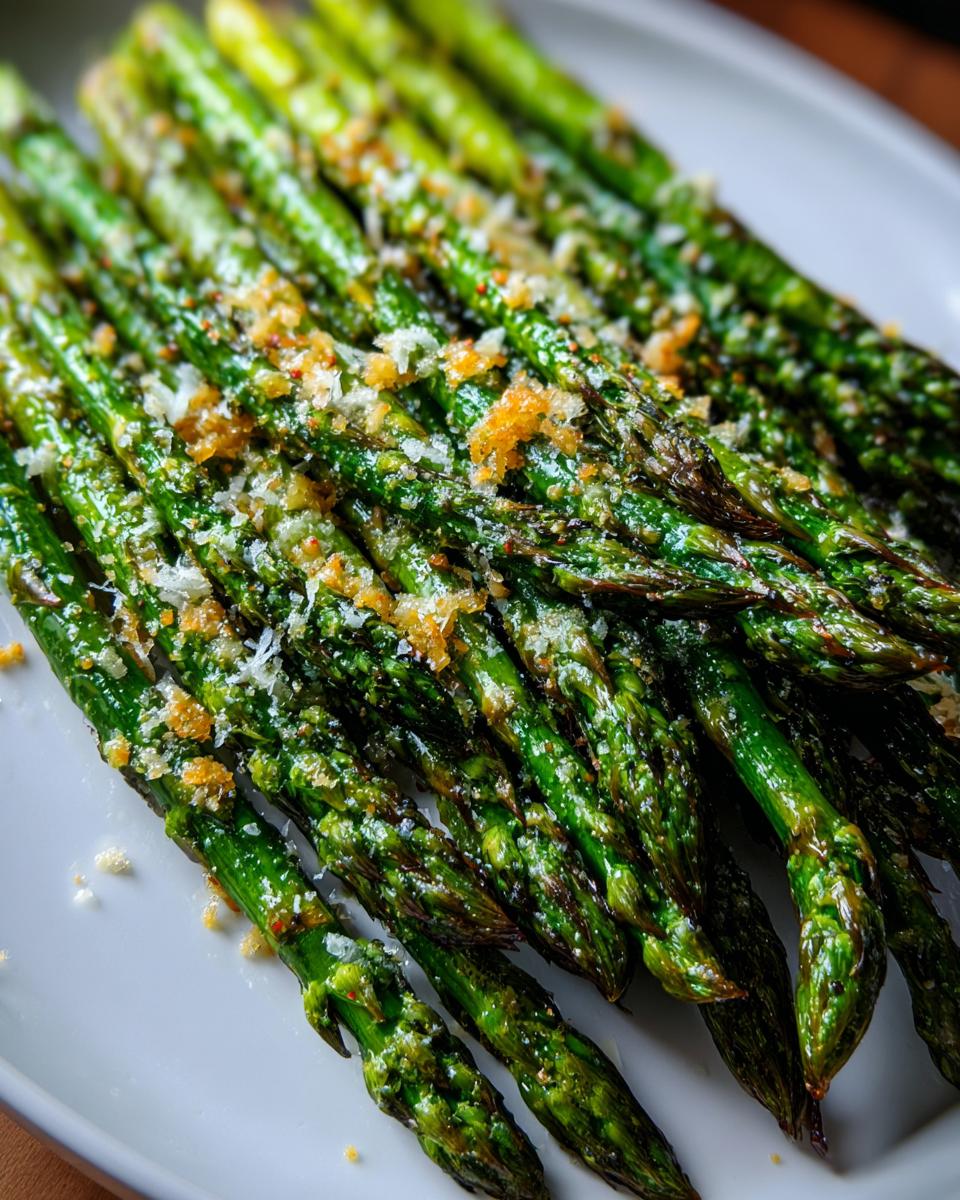 Close-up of perfectly Roasted Asparagus with Parmesan, glistening and ready to serve.