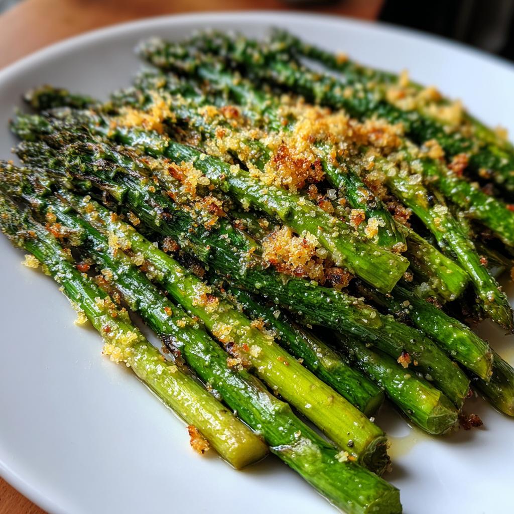 A close-up of roasted asparagus spears topped with golden parmesan and breadcrumbs on a white plate.