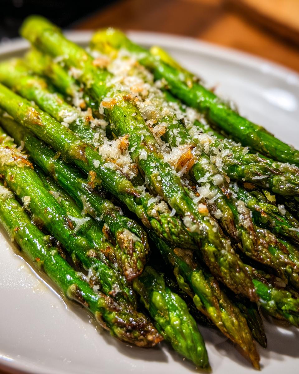 Close-up of bright green roasted asparagus spears topped with grated Parmesan cheese.