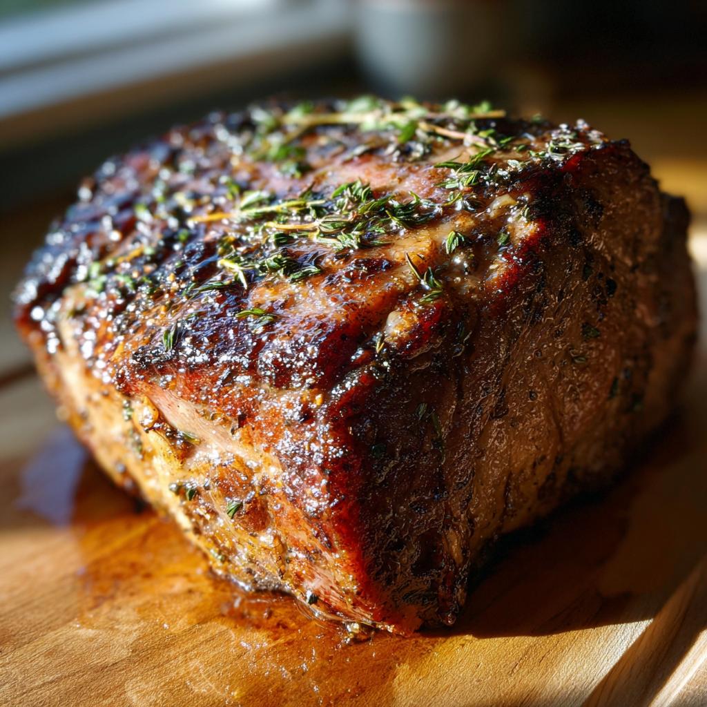 A beautifully roasted prime rib with a rich, browned crust and fresh herbs, ready to be carved.