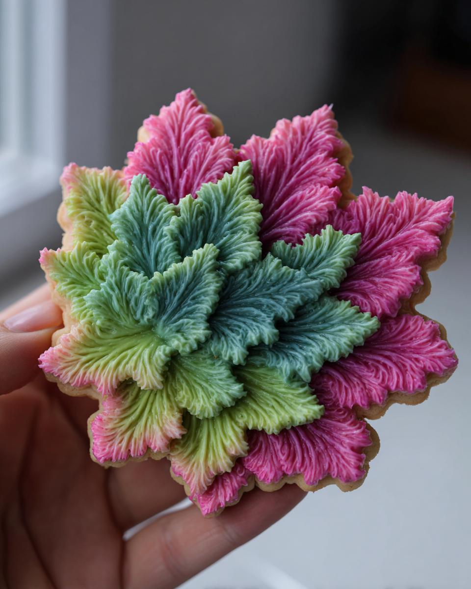 Close-up of a snowflake-shaped cookie decorated with intricate, layered leaves using pink, green, and blue royal icing.