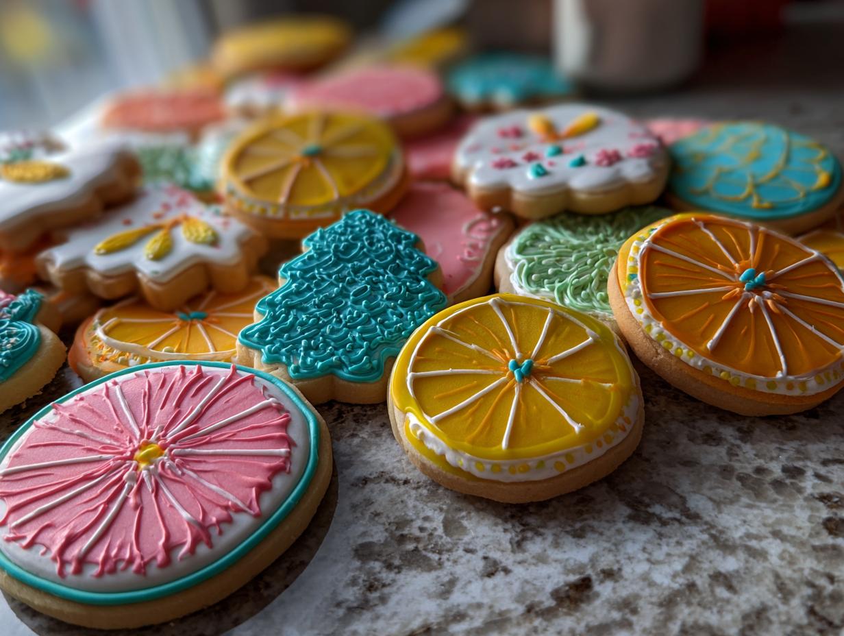 A colorful assortment of cookies decorated with vibrant royal icing, featuring citrus slices and a Christmas tree.