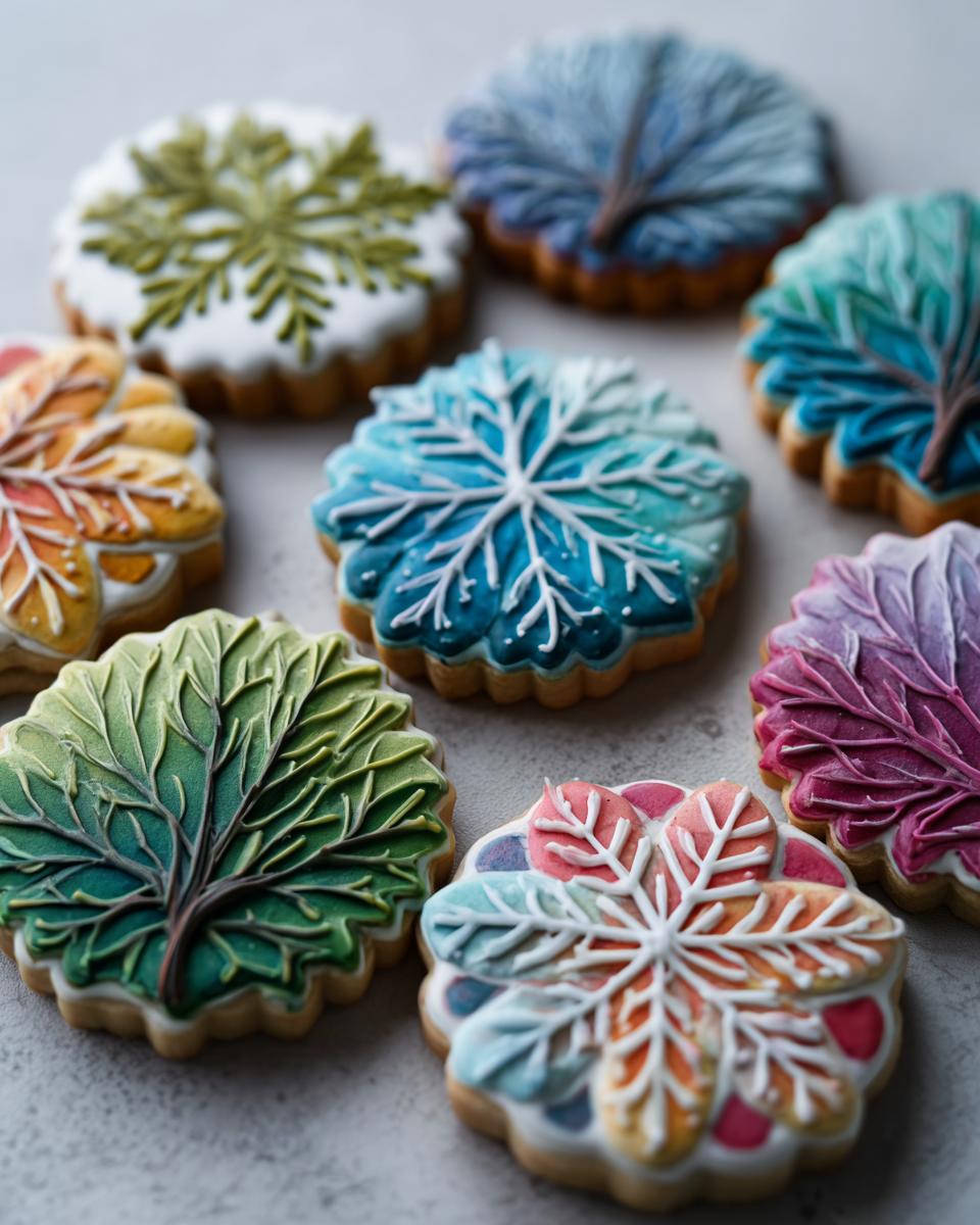 A collection of intricately decorated cookies using royal icing, featuring snowflake and leaf designs in vibrant colors.