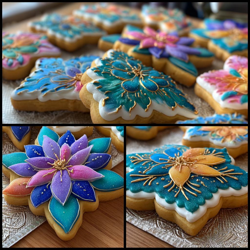 Collage of intricately decorated cookies featuring floral designs with vibrant royal icing in blues, purples, pinks, and oranges, accented with gold.
