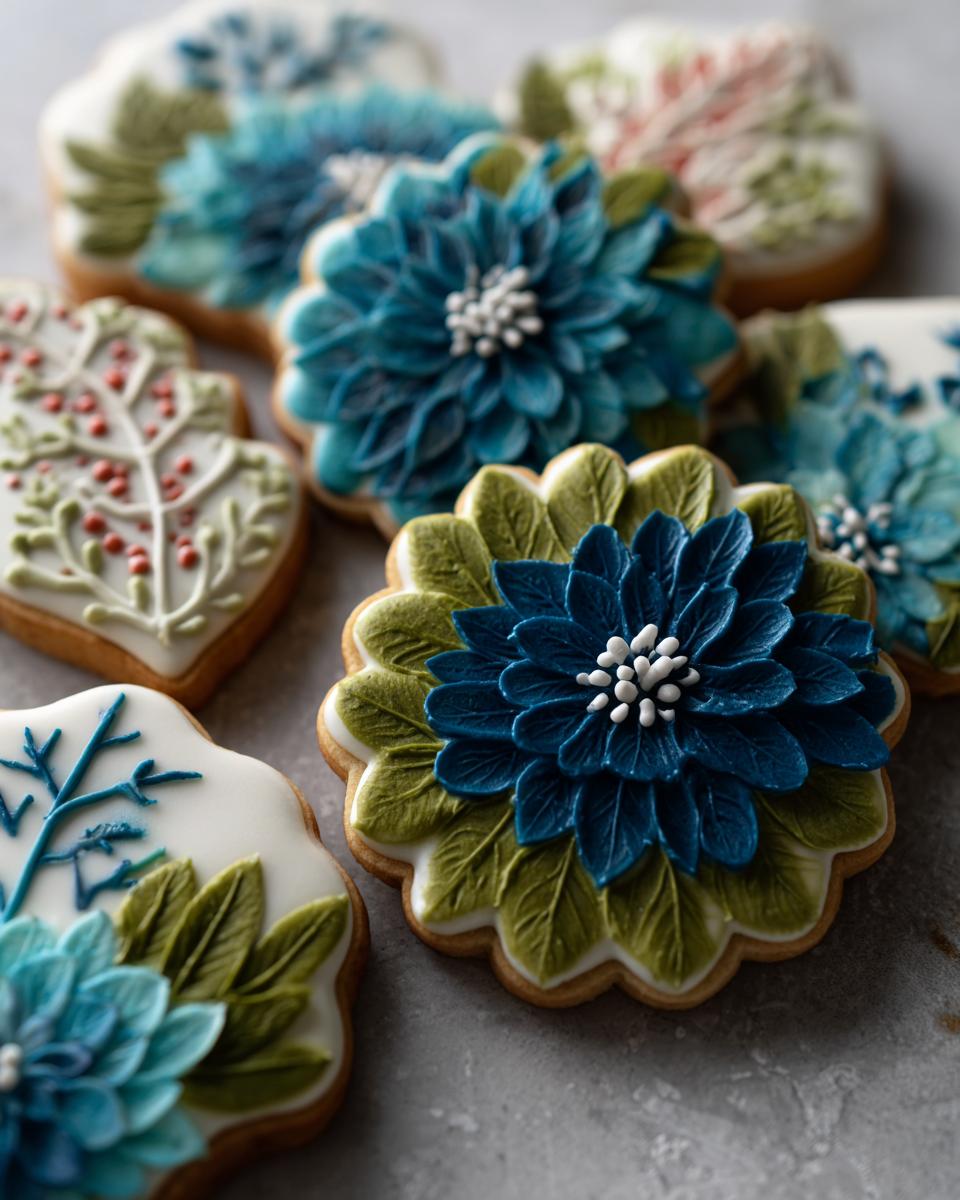 Close-up of intricately decorated cookies featuring blue and green floral designs made with royal icing.