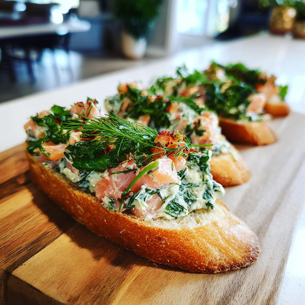 Close-up of salmon bruschetta, a fancy appetizer for Easy New Year’s Eve Appetizers, topped with creamy salmon and fresh dill.