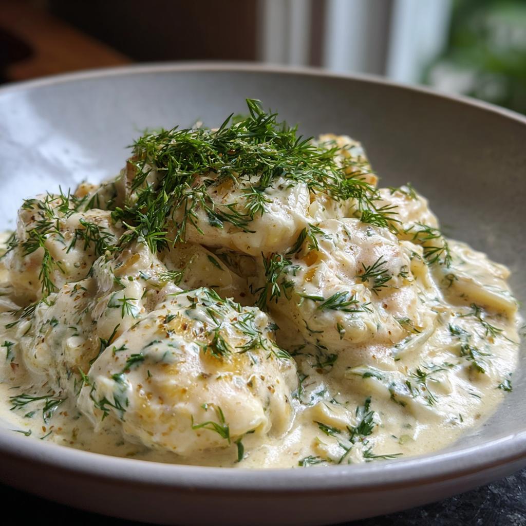 Close-up of succulent shrimp coated in a rich Champagne cream sauce, garnished with fresh dill.