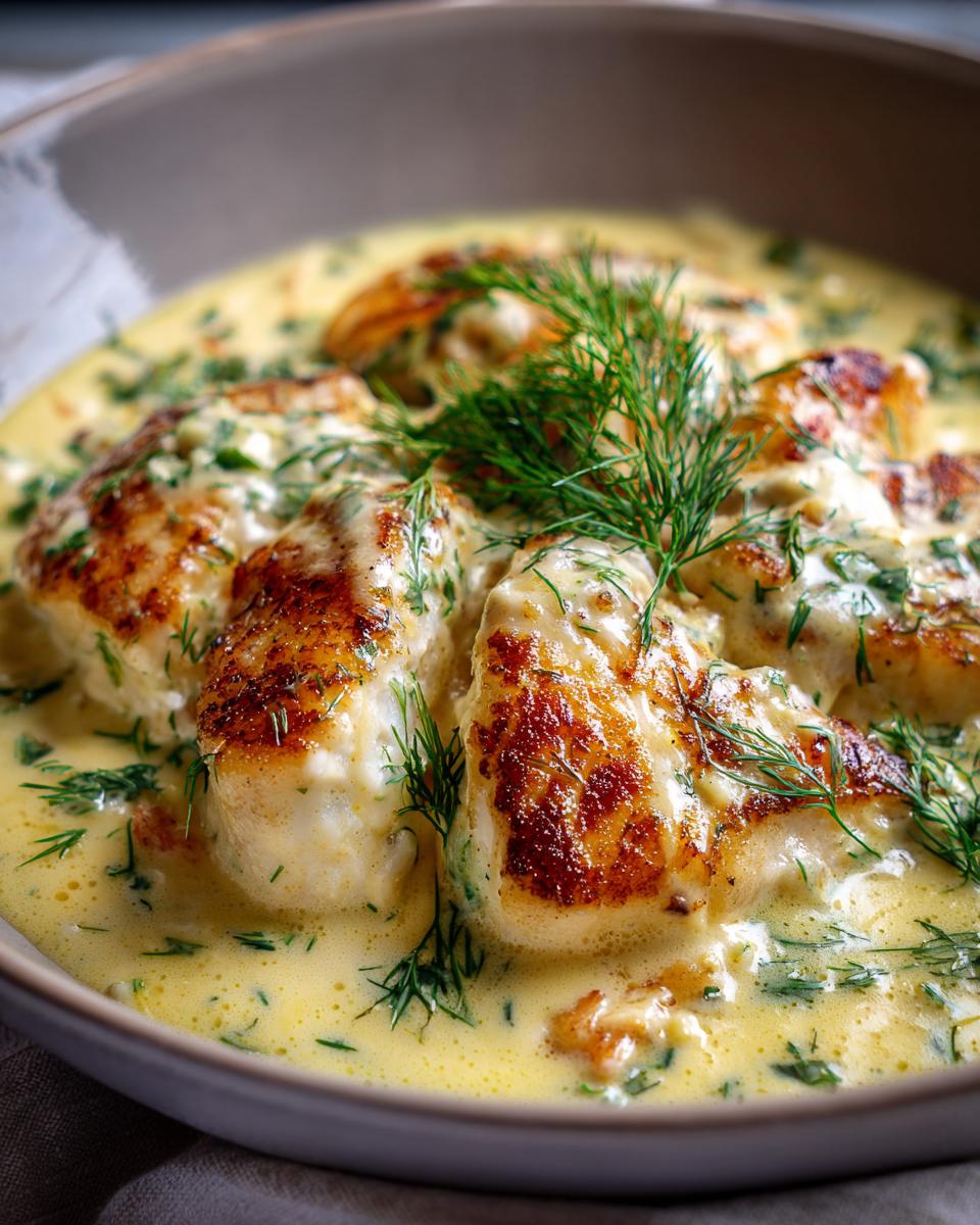 Close-up of pan-seared seafood pieces served in a rich Champagne Cream Sauce, garnished with fresh dill.