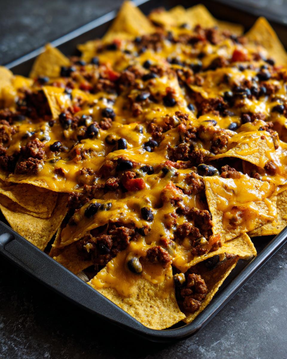 Close-up of a large baking sheet filled with party size sheet pan nachos, topped with melted cheese, seasoned ground beef, and black beans.