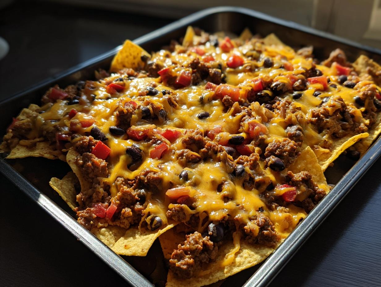 A full sheet pan of party size sheet pan nachos loaded with ground beef, black beans, tomatoes, and melted cheese.