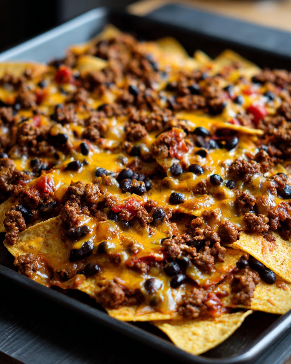 Close-up of a full sheet pan of nachos loaded with ground beef, black beans, cheese, and salsa.