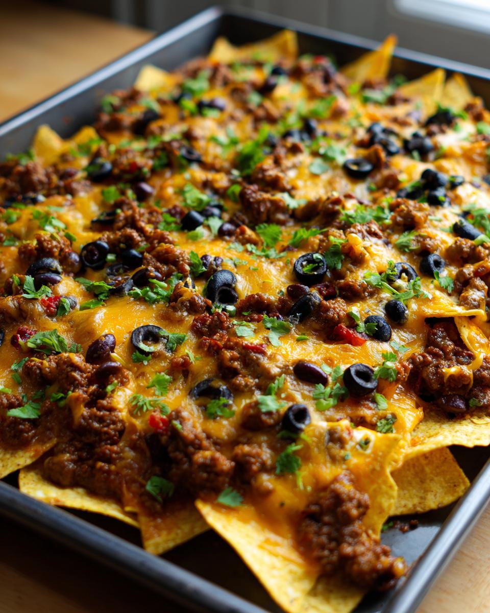 A full sheet pan of party size sheet pan nachos, loaded with seasoned ground beef, melted cheese, black olives, and cilantro.