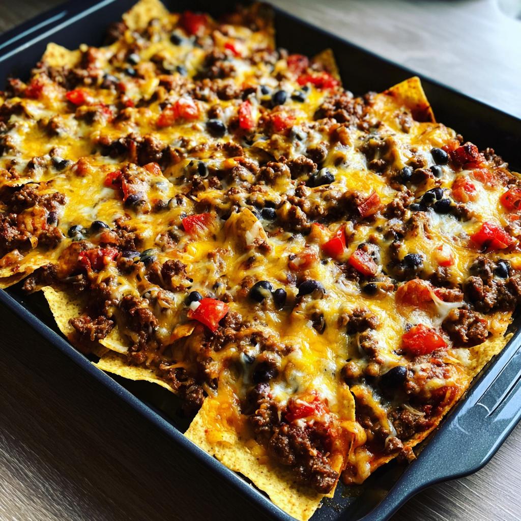 A full pan of party size sheet pan nachos loaded with seasoned ground beef, black beans, diced tomatoes, and melted cheese.