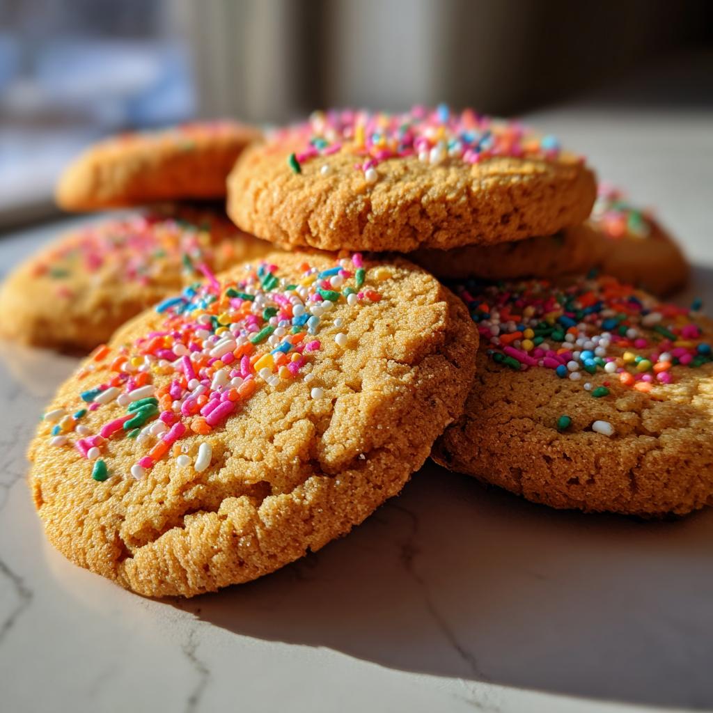 A close-up of several golden-brown Slice-and-Bake Party Cookies, generously topped with colorful rainbow sprinkles.
