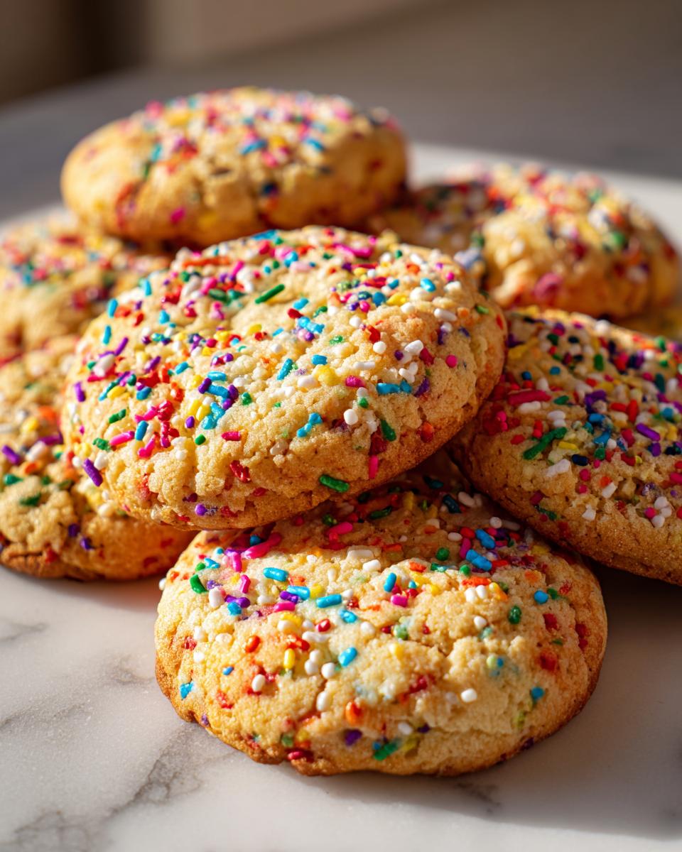 A pile of delicious Slice-and-Bake Party Cookies, generously covered in colorful rainbow sprinkles.