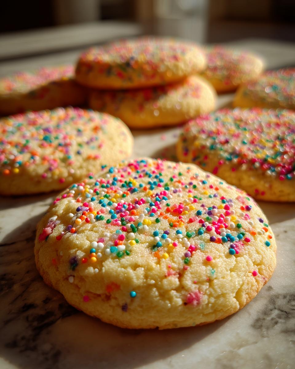 Close-up of freshly baked Slice-and-Bake Party Cookies covered in vibrant rainbow sprinkles.