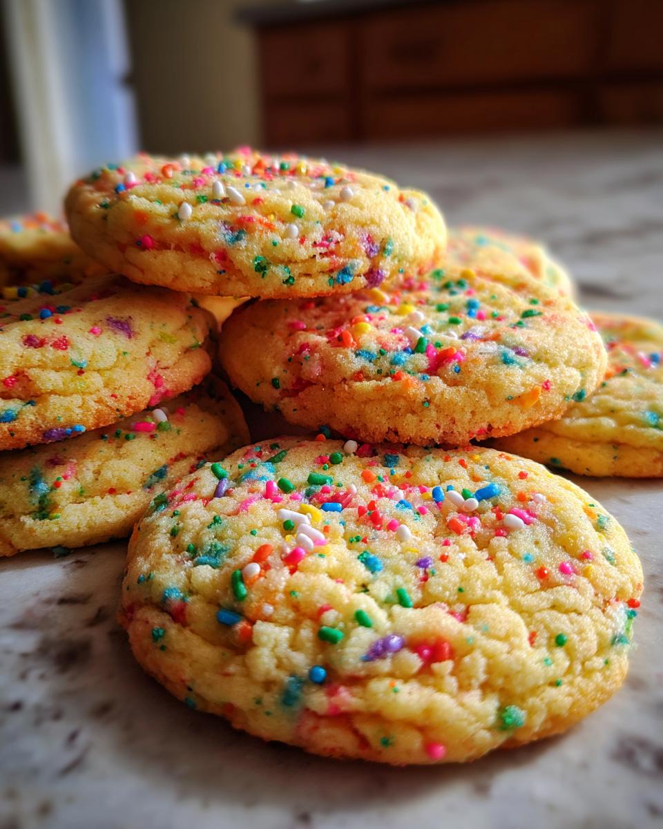 A close-up of a stack of freshly baked Slice-and-Bake Party Cookies, generously covered in colorful sprinkles.