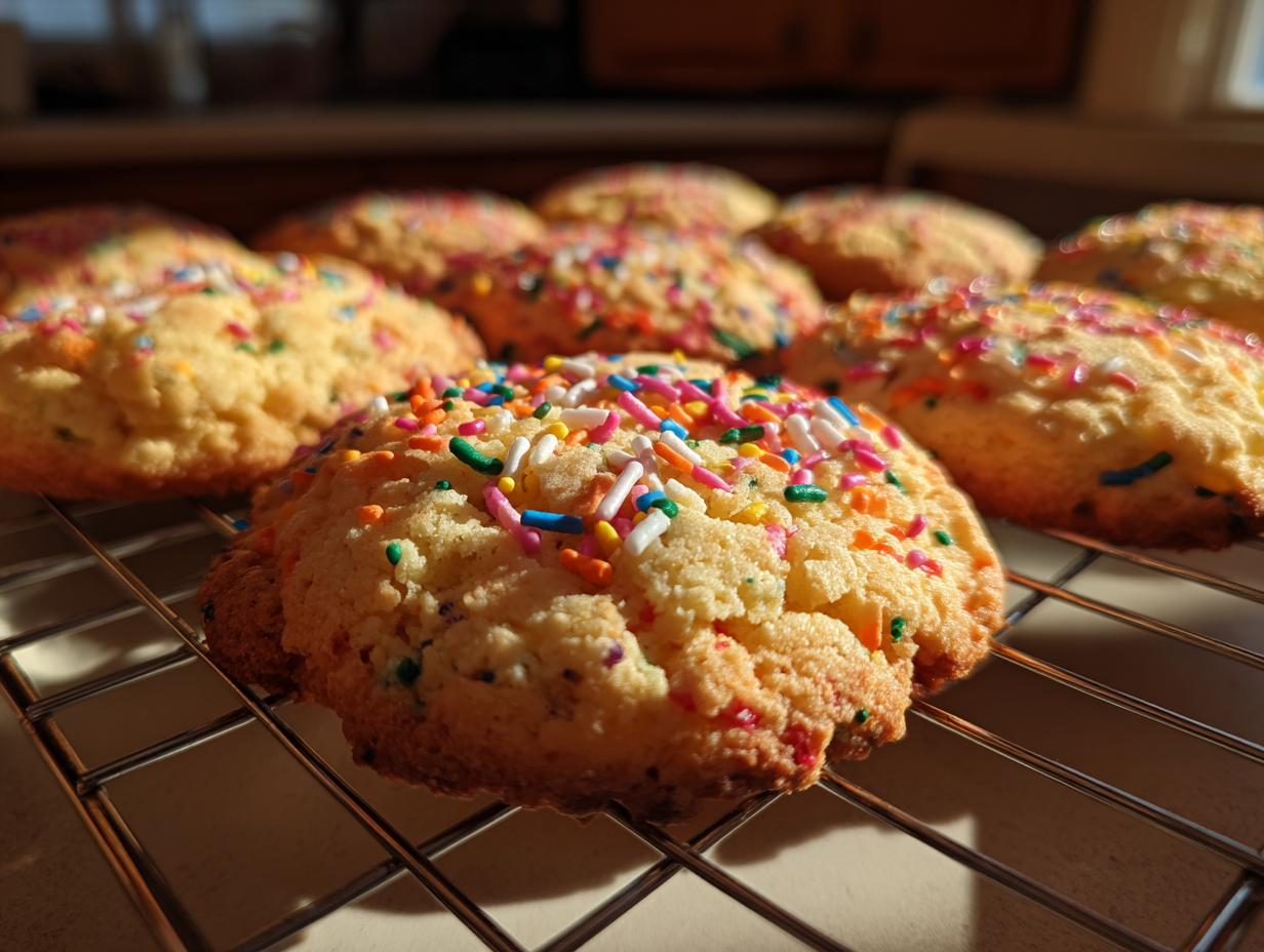 Close-up of freshly baked Slice-and-Bake Party Cookies covered in colorful sprinkles on a cooling rack.
