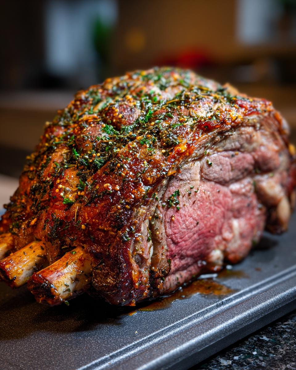 A beautifully roasted Small Prime Rib Roast (Serves 4–6) with a herb crust, showing a juicy pink interior and bone-in cut.