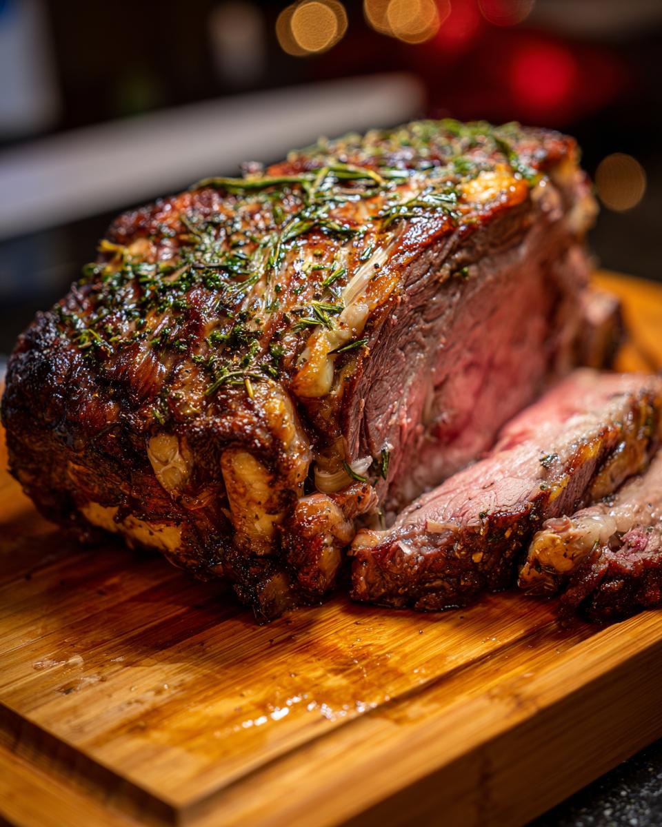 A perfectly roasted small prime rib roast, seasoned with herbs, sliced on a wooden cutting board.