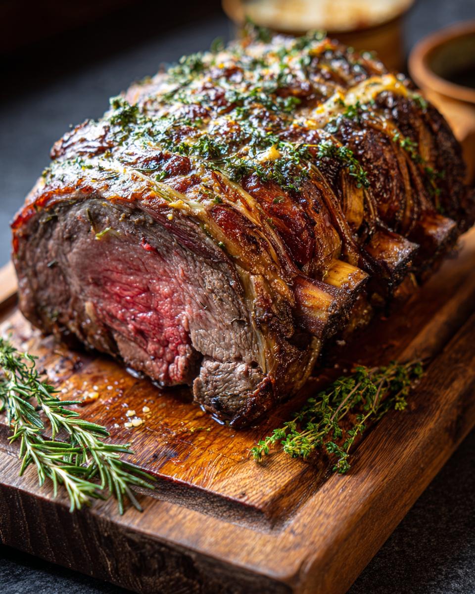 A perfectly cooked Small Prime Rib Roast, seasoned with herbs and resting on a wooden cutting board.