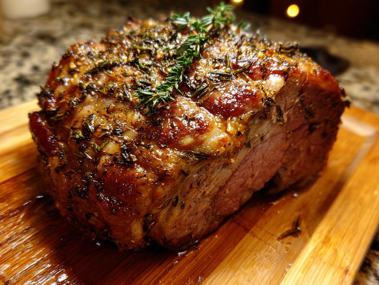 A perfectly roasted Small Prime Rib Roast seasoned with herbs, resting on a wooden cutting board.