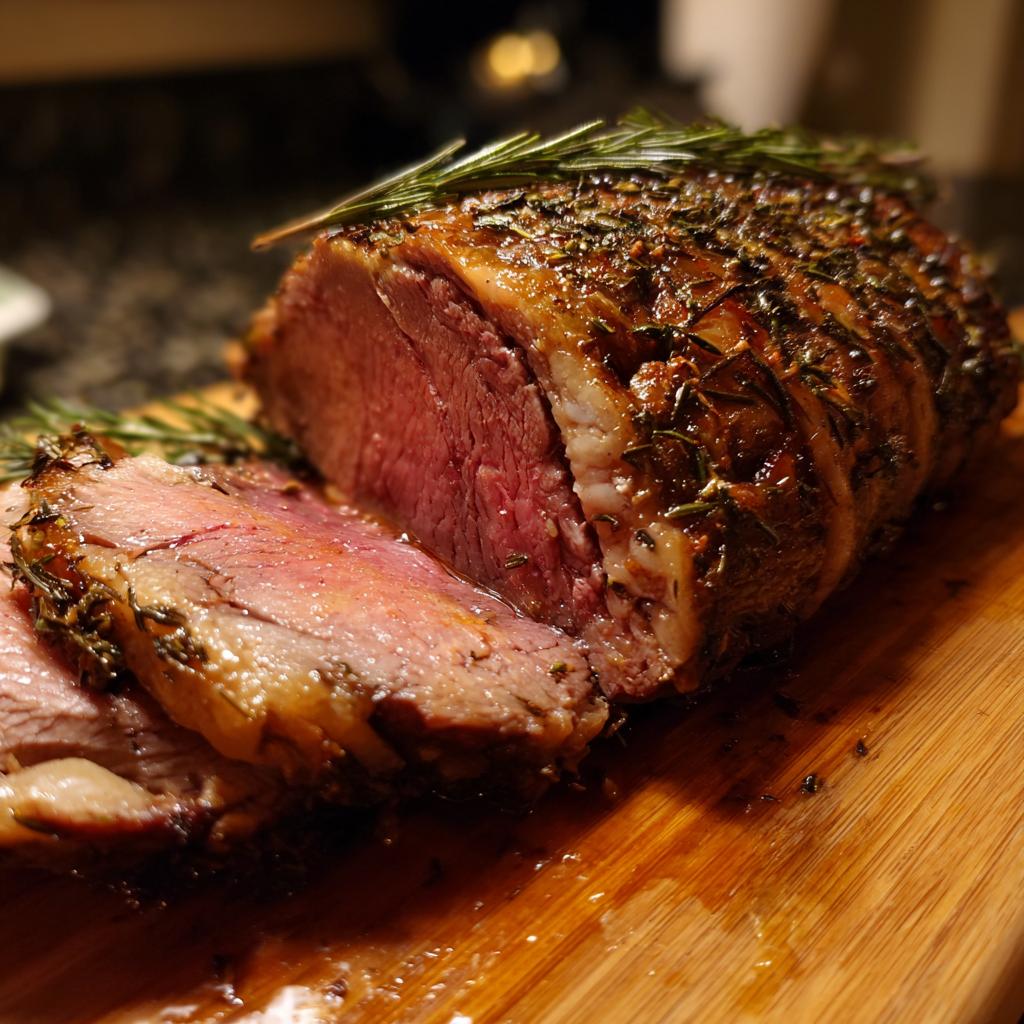 A perfectly cooked Small Prime Rib Roast, sliced to reveal a tender pink interior, seasoned with herbs and rosemary.