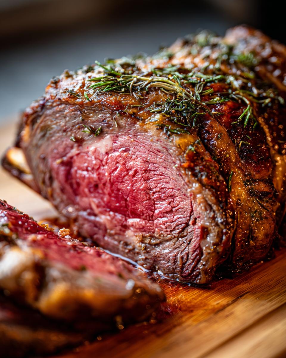 Close-up of a perfectly cooked Small Prime Rib Roast, sliced to reveal a tender, pink interior, seasoned with herbs.