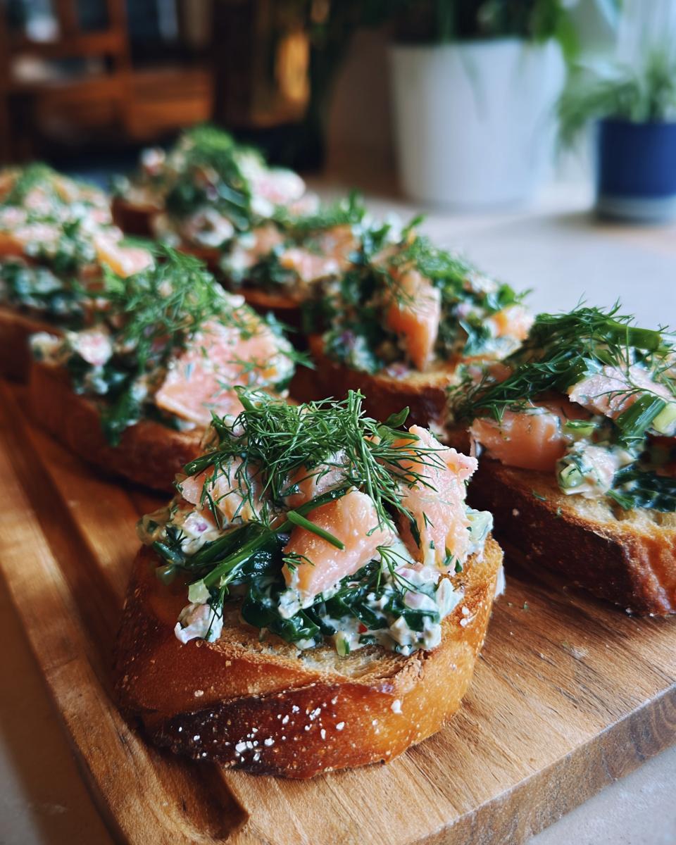 Close-up of Easy New Year’s Eve Appetizers: Smoked salmon and dill on toasted baguette slices.