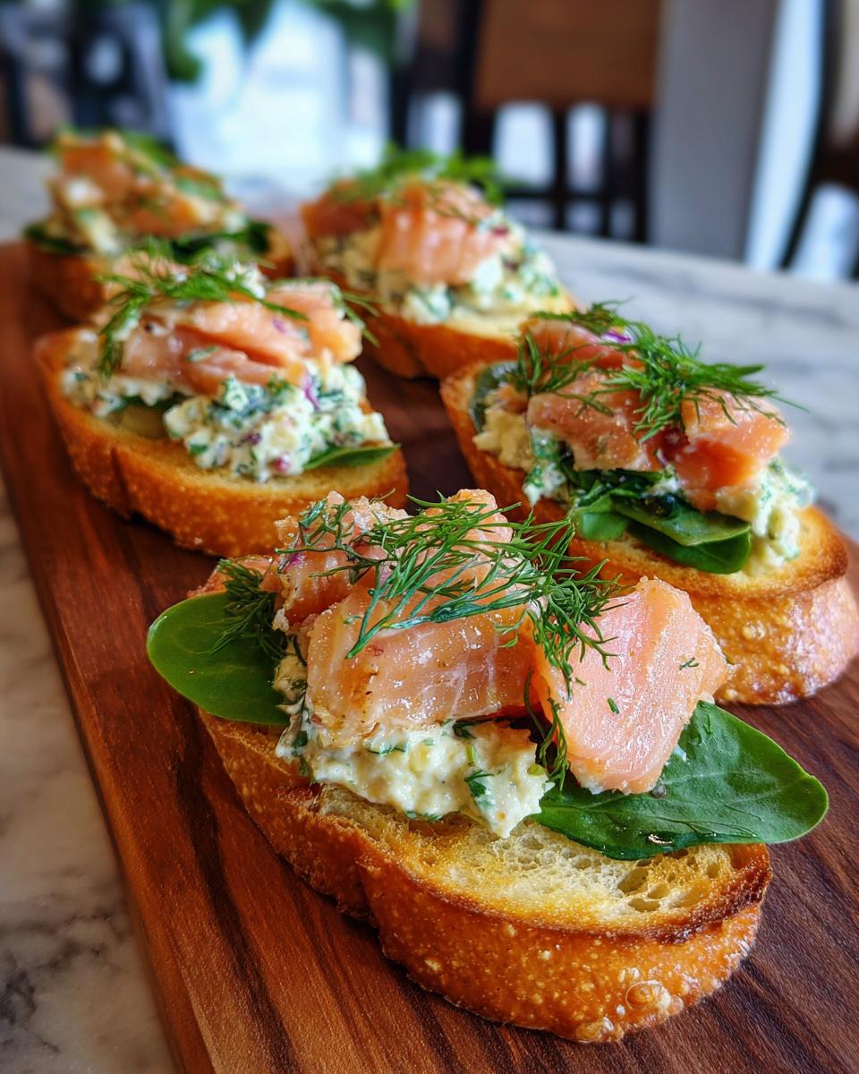 Close-up of smoked salmon crostini with cream cheese spread and dill, perfect for Easy New Year’s Eve Appetizers.
