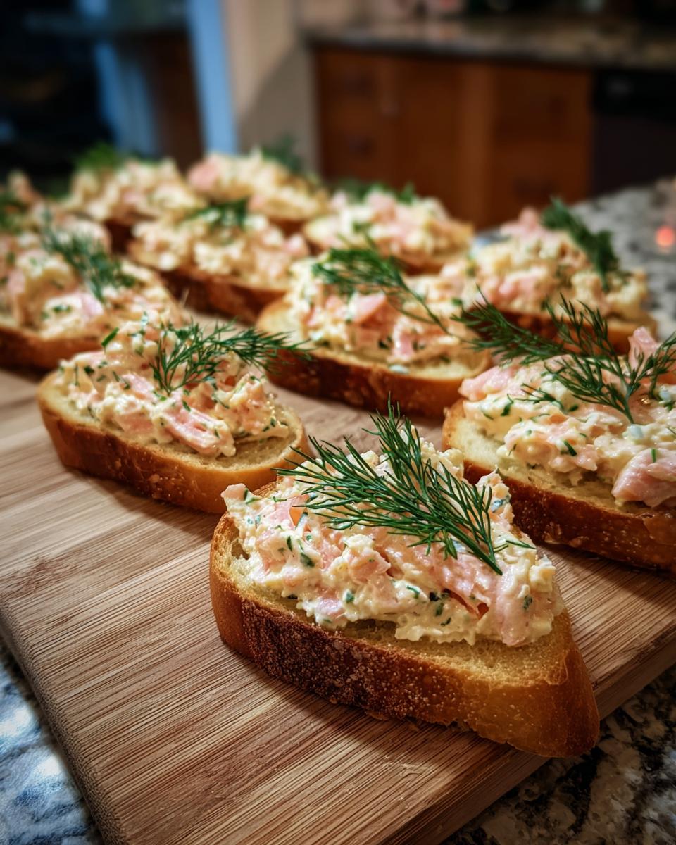 A row of smoked salmon crostini, topped with creamy salmon mixture and fresh dill, perfect for Easy New Year's Eve Appetizers.
