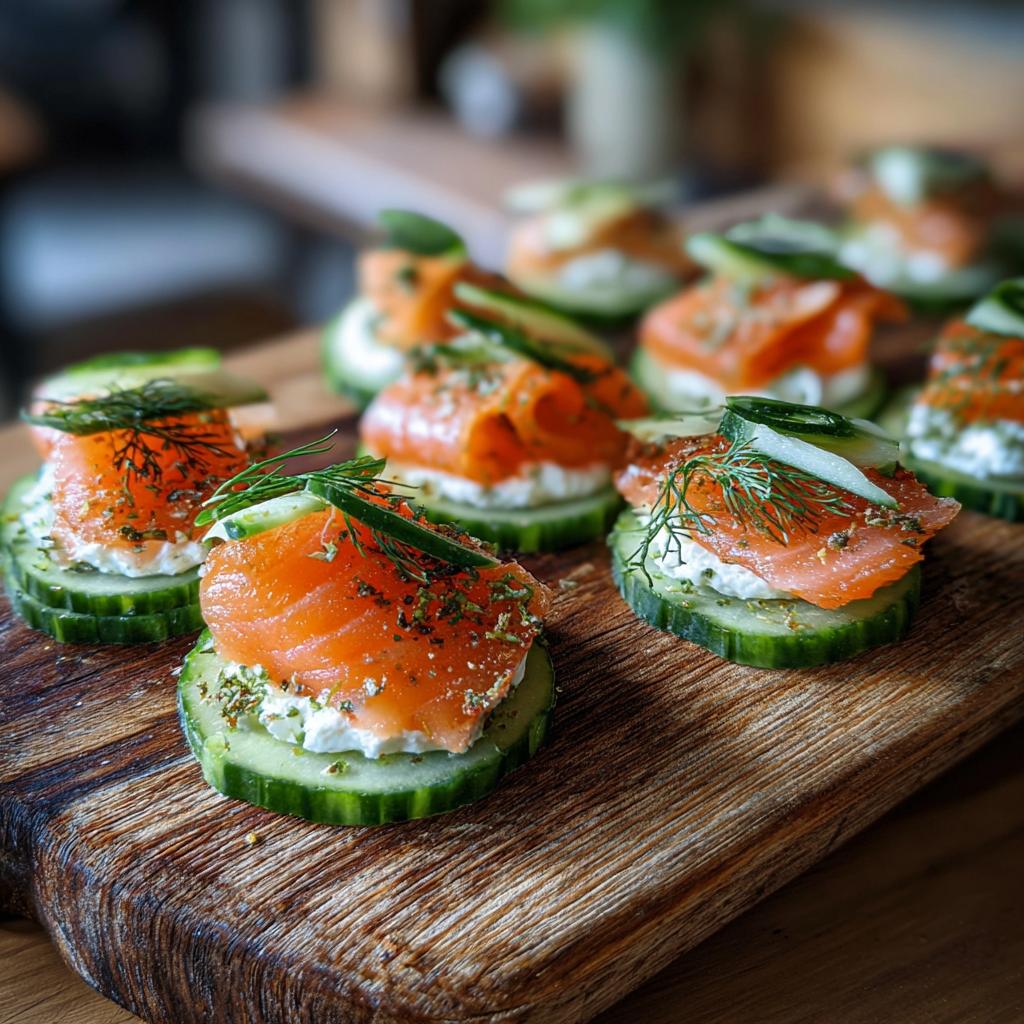 Delicious Smoked Salmon Cucumber Bites topped with cream cheese and fresh dill on a wooden board.