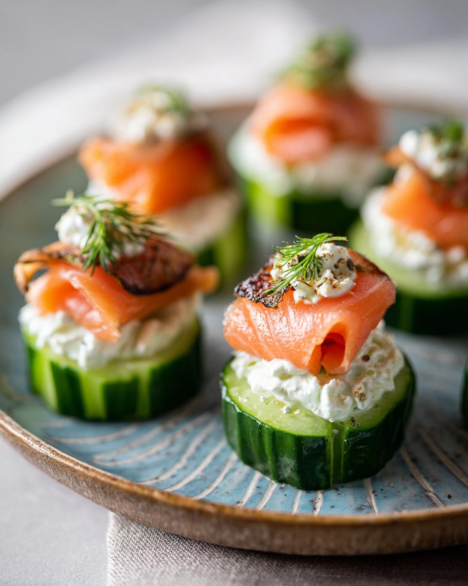 Close-up of Smoked Salmon Cucumber Bites topped with cream cheese and dill on a blue plate.