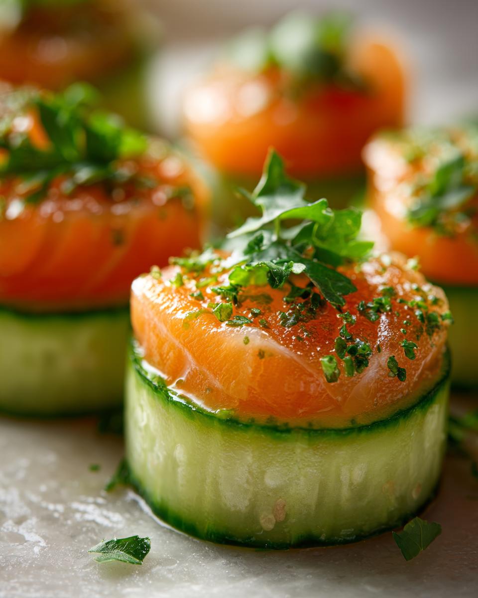 Close-up of Smoked Salmon Cucumber Bites, featuring fresh salmon slices atop cucumber rounds, garnished with herbs.